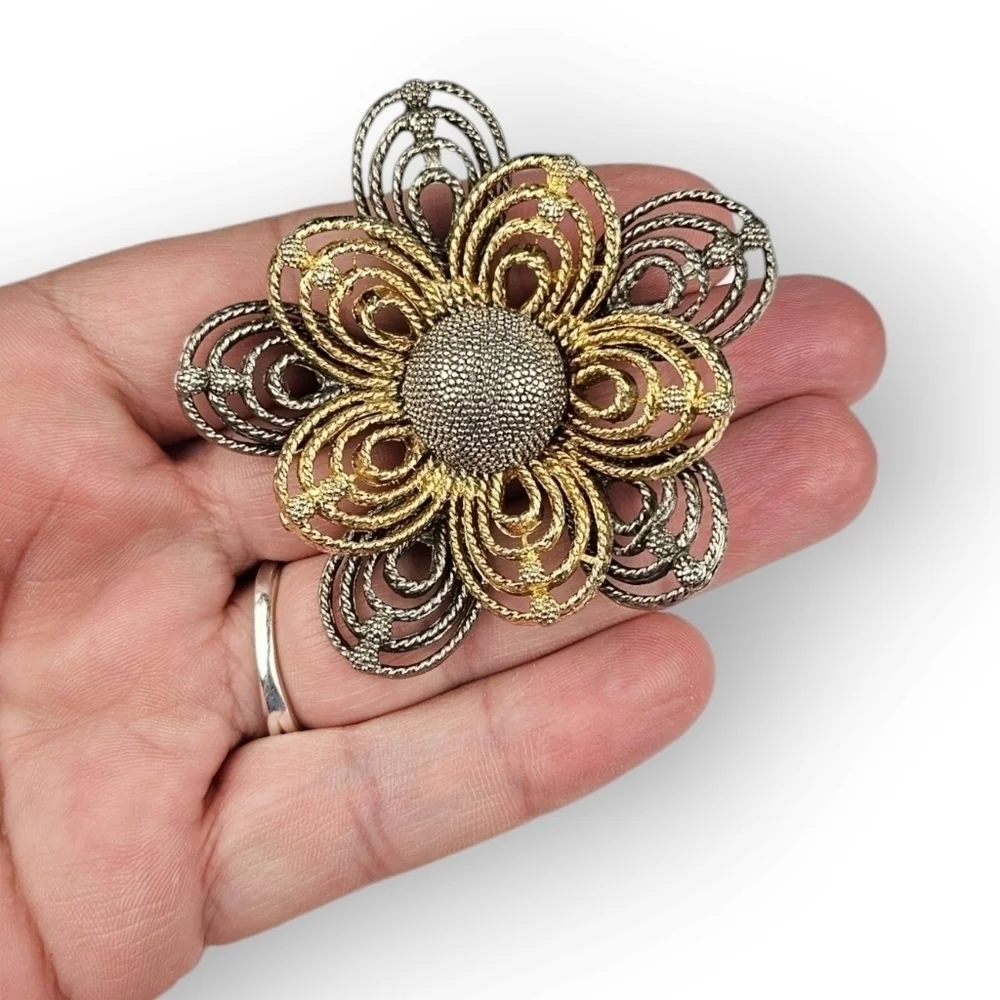 Vintage Flower Brooch Layered Petal Textured Two Tone Gold Silver Tone 2 3/8